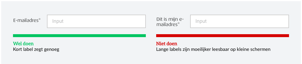 Afbeelding waarin het belang van duidelijke formulier labels wordt gedemonstreerd, houdt labels beknopt.