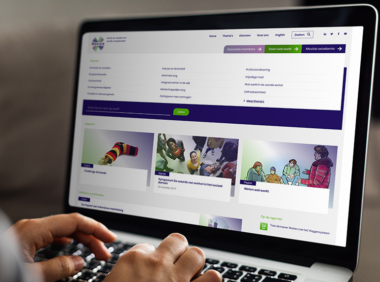 Een overzicht van de website van Movisie afgebeeld op een macbook