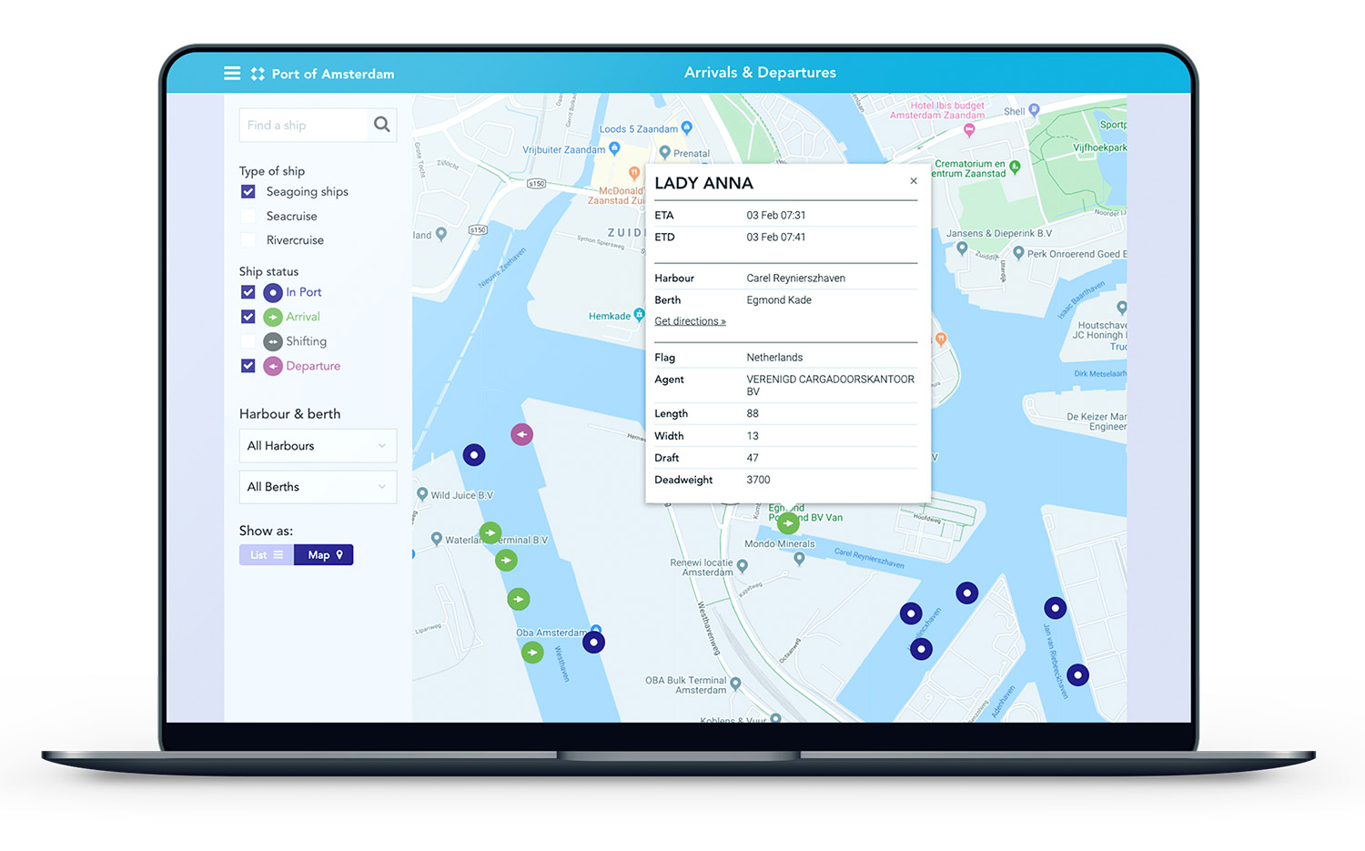 Afbeelding van de Port of Amsterdam app op een Macbook